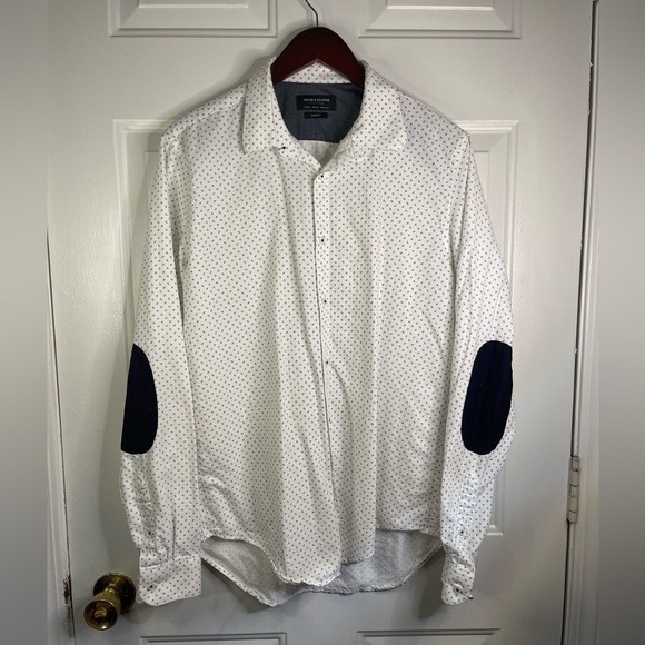 Denim & flowers slim fit button down in white and blue with patch on the… - Picture 1 of 8